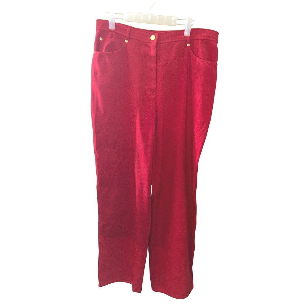 St John Sport Marie Gray Red Straight Leg Stretch Pants Gold Hardware Size 14